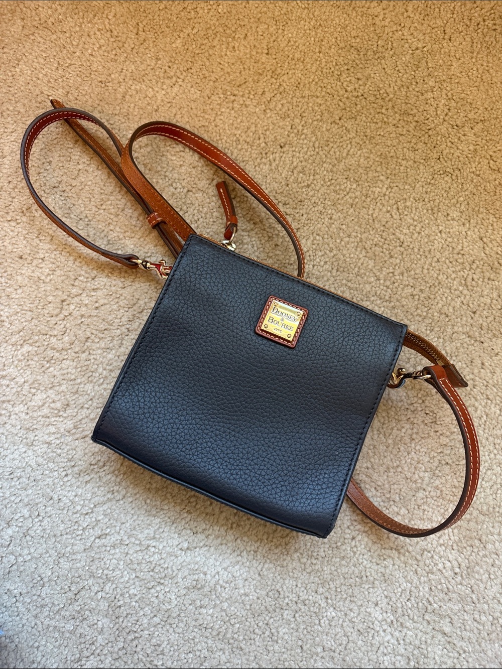 Dooney & Bourke Navy Pebbled Leather Crossbody Bag with Brown Trim